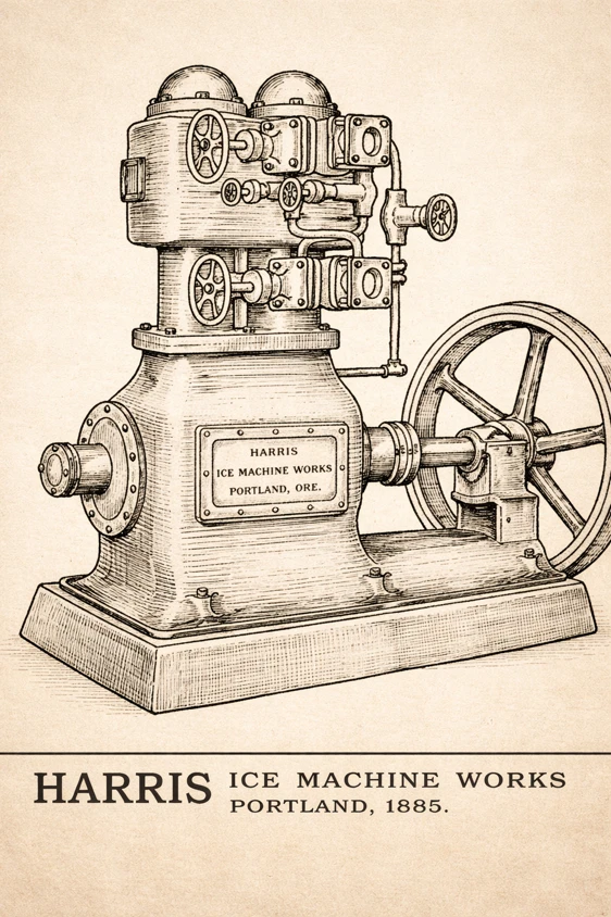 Historical illustration of a Harris Ice Machine Works refrigeration machine, Portland, Oregon, 1885